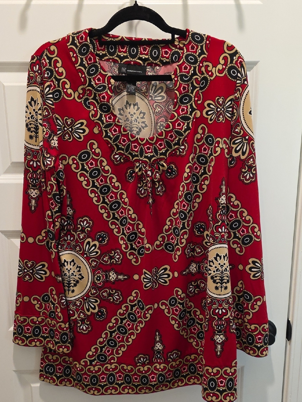 INC International Concepts Red Patterned Long-Sleeve Keyhole Tunic Size XL